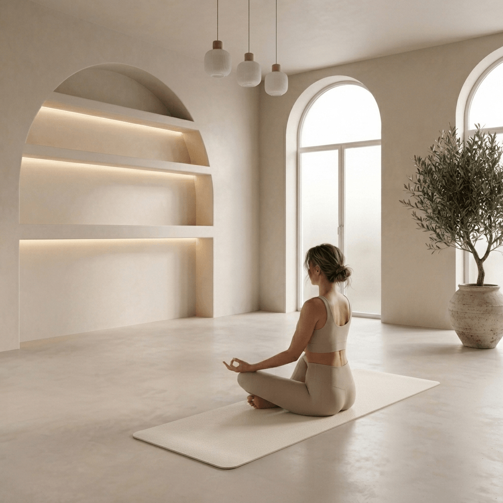 Woman practicing Hatha Yoga in a serene studio environment